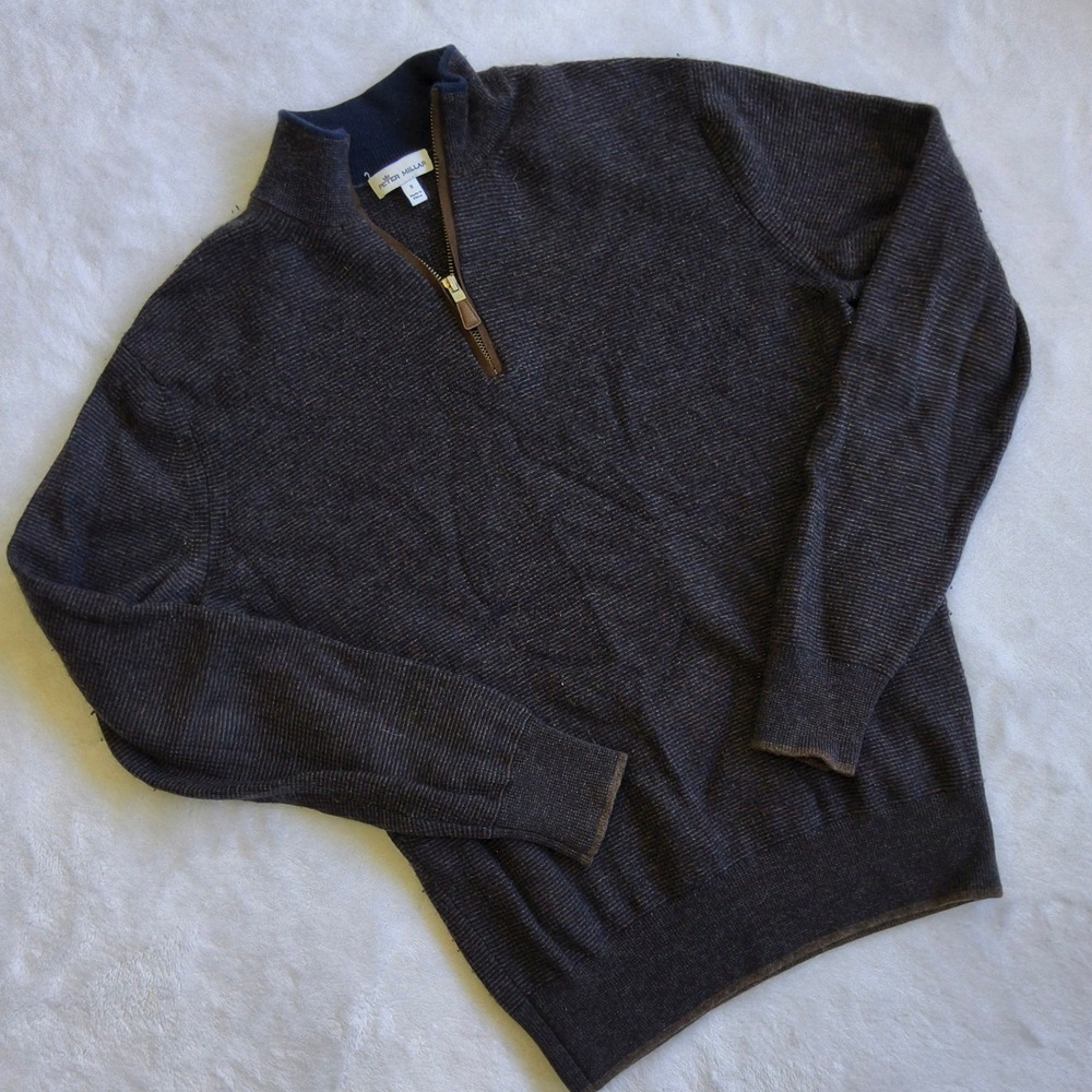 Peter Millar Pullover Mens S Brown Navy Merino Wool Cashmere Quarter Zip Sweater